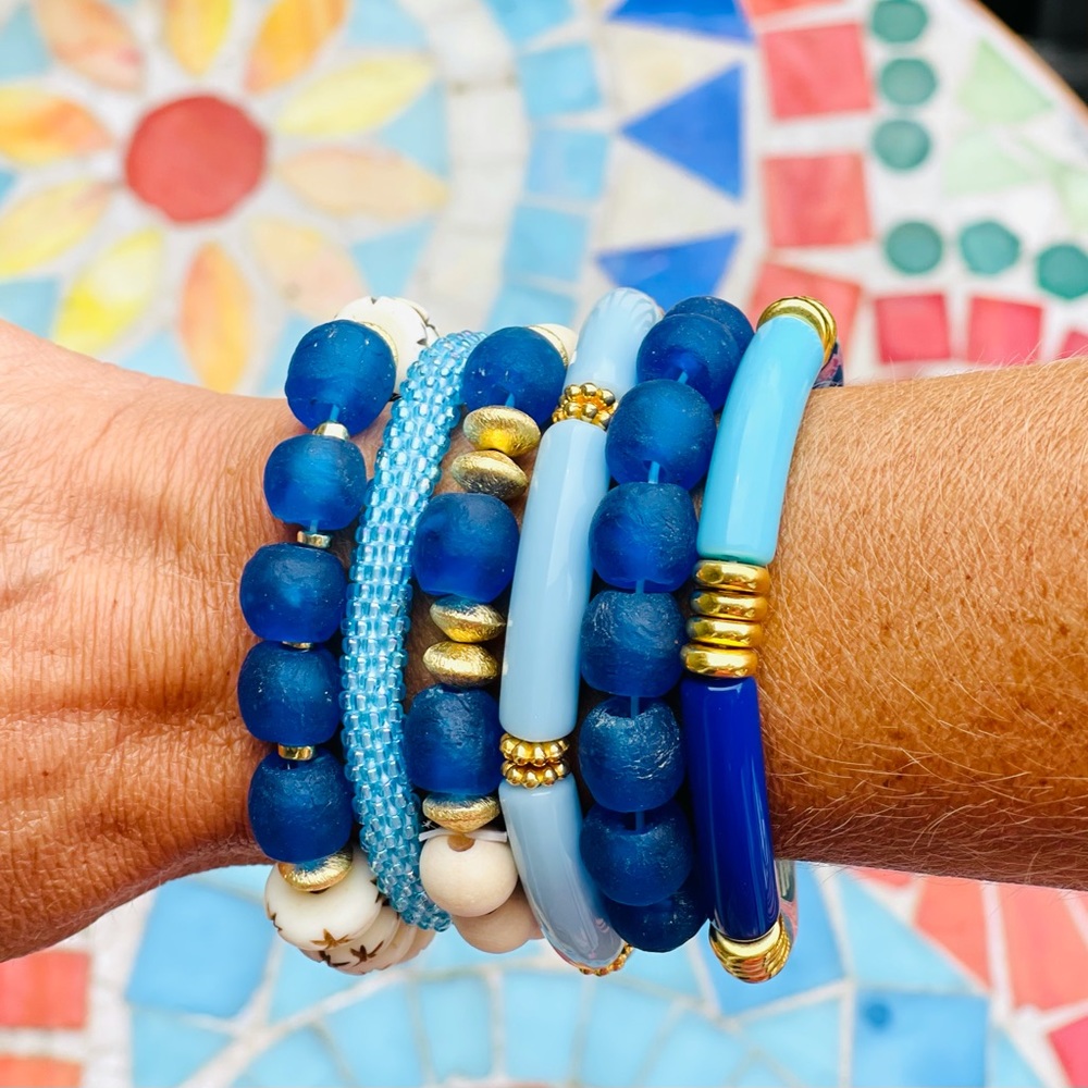 New! Sea glass, acrylic bamboo bead bracelet stack